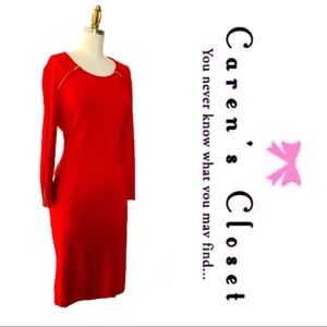 Calvin Klein Red Long Sleeve Sheath Dress with Gold Zipper Detail